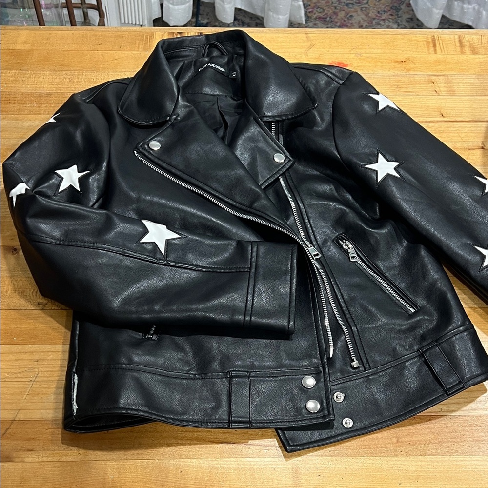 Black Leather Star-Accent Moto Jacket